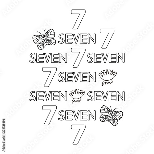 Numeral and word seven, butterfly, flowers. Coloring page.