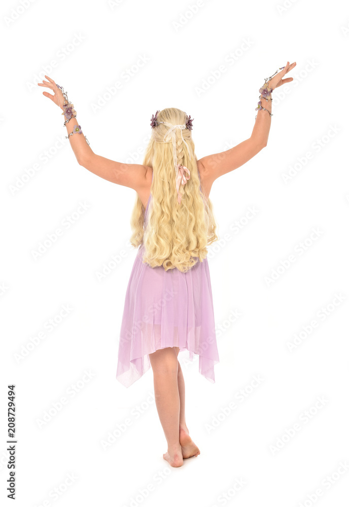 full length portrait of blonde fairy girl, standing pose with back to the camera. isolated on white background.