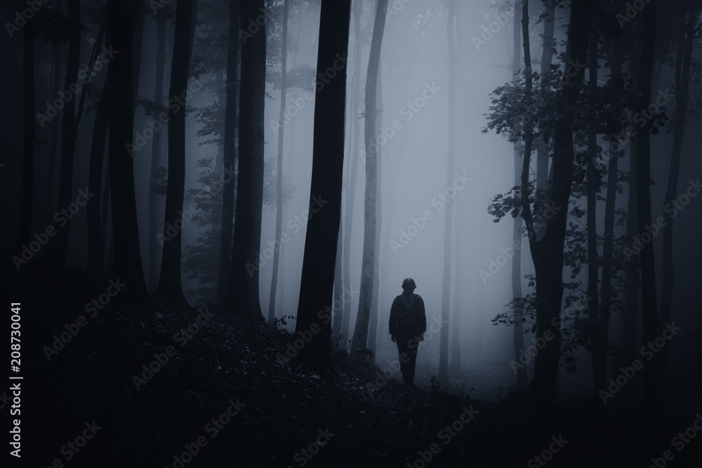 Obraz premium ciemne lasy halloween sceny z sylwetka człowieka na leśnej drodze