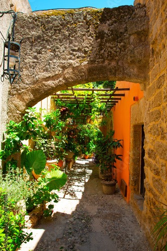 Beautiful alley in Rhodes Town, Mediterranean Sea, Rhodes Island, Greece