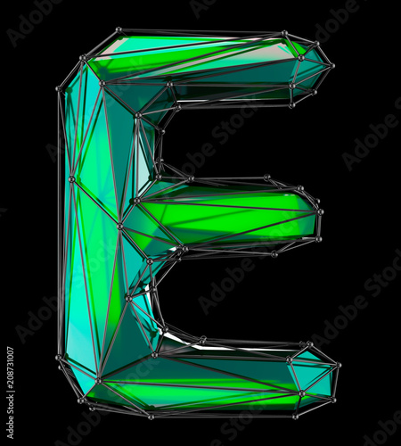 Capital latin letter E in low poly style green color isolated on black background