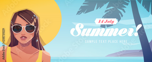 Illustration of girl in a hat on a tropical landscape background. Summer vacation poster or flyer