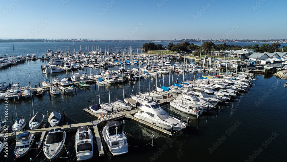 Aerial view of boating marina with yachts and speedboats on Swan River in Perth, Western Australia