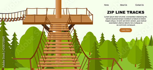 Zip Line activity web banner concept, vector illustration. Flat trees, forest, wooden playground background. Ziplining activity for the family in summer time.