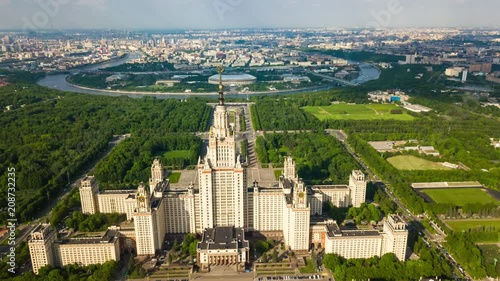 sunny day moscow cityscape famous university complex and sparrow hills aerial panorama 4k timelapse russia

