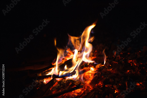 Bonfire with flame and sparks at night background, Romantic evening, Relaxing and enjoying camping.