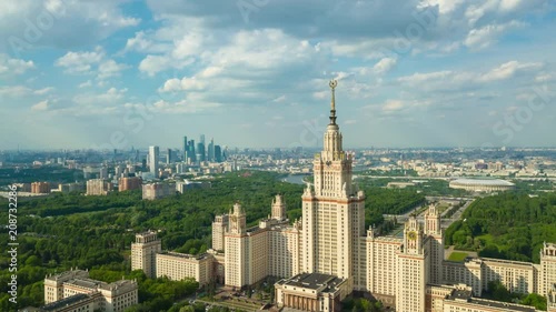 sunny day moscow city famous university aerial panorama 4k timelapse russia
