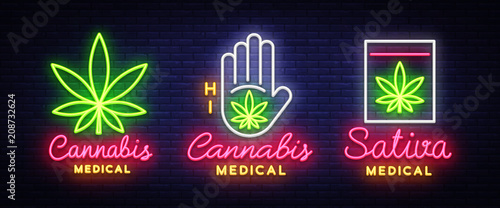Marijuana medical collection neon sign and logo, graphic template in modern trend style. Sativa medical, Cannabis is an organic hemp. Green farm Vector Illustration