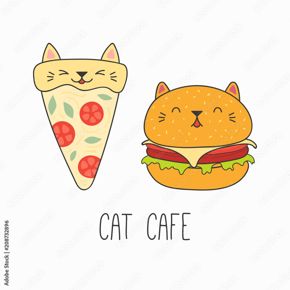 Hand drawn vector illustration of a kawaii funny pizza slice and burger with cat ears. Isolated objects on white background. Line drawing. Design concept for cat cafe menu, children print. Hand drawn vector illustration of a kawaii funny pizza slice and burger with cat ears. Isolated objects on white background. Line drawing. Design concept for cat cafe menu, children print.