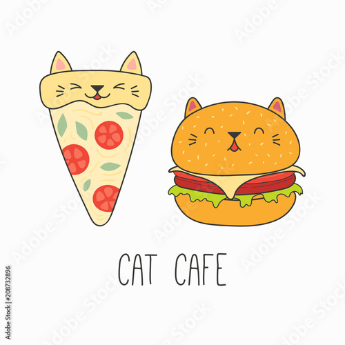 Hand drawn vector illustration of a kawaii funny pizza slice and burger with cat ears. Isolated objects on white background. Line drawing. Design concept for cat cafe menu, children print.