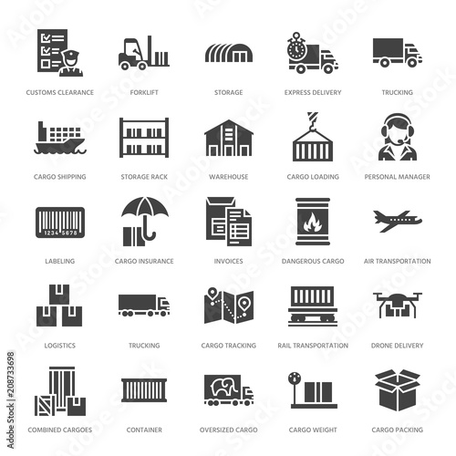 Cargo transportation flat glyph icons Trucking, express delivery, logistics, shipping, customs , package, tracking symbols. Transport signs freight services. Solid silhouette pixel perfect 64x64.