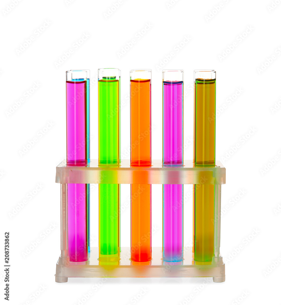 Test tubes with colorful samples on white background Test tubes with colorful samples on white background