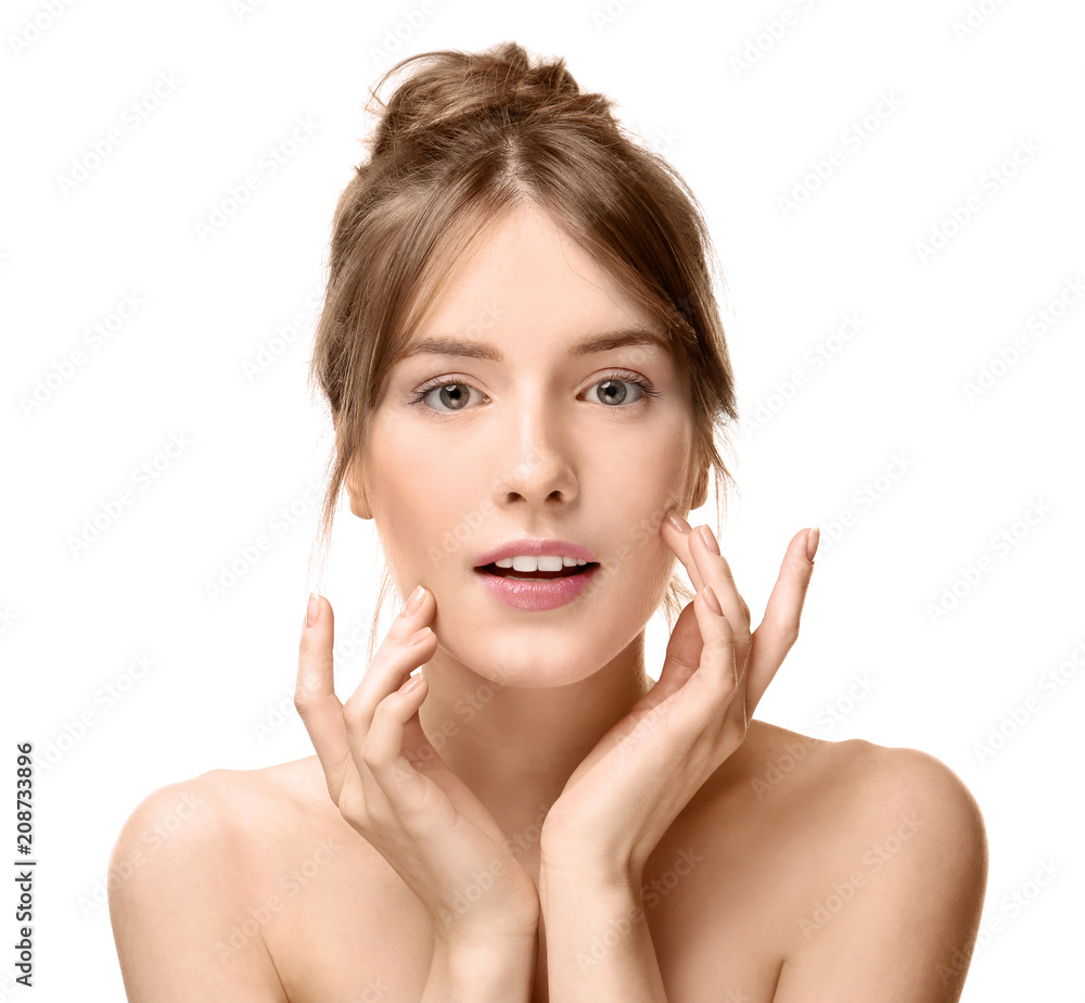 Beautiful young woman with silky skin on white background Beautiful young woman with silky skin on white background