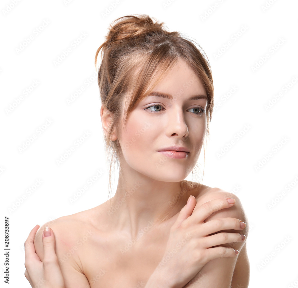 Beautiful young woman with silky skin on white background Beautiful young woman with silky skin on white background