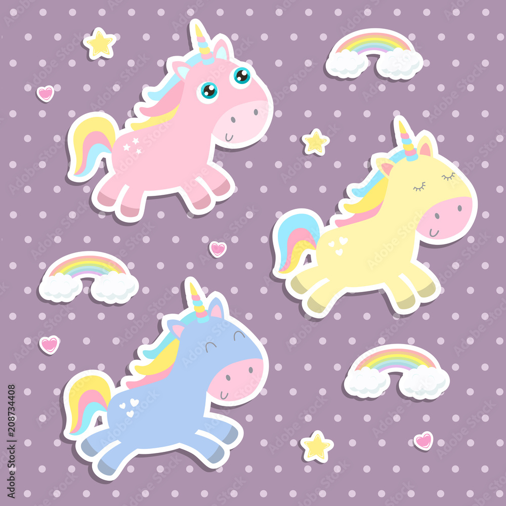 Cute unicorn stickers vector illustration. Flat design.