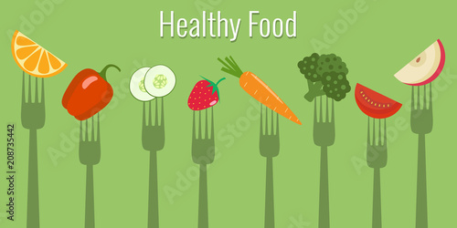 Vegetables and fruits on forks. Healthy food vector illustration.