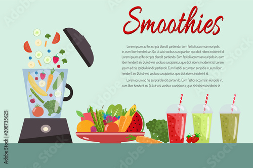 Cooking smoothies. Plate full of vegetables and fruits. Blender food processor