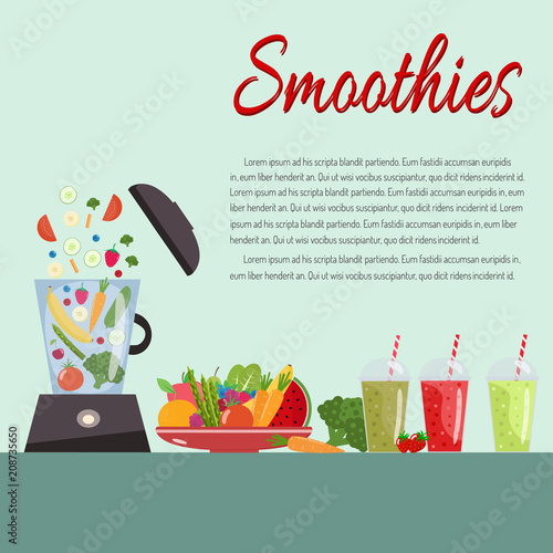 Cooking smoothies. Plate full of vegetables and fruits. Blender food processor