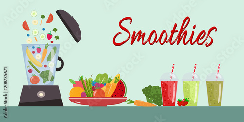 Cooking smoothies. Plate full of vegetables and fruits. Blender food processor