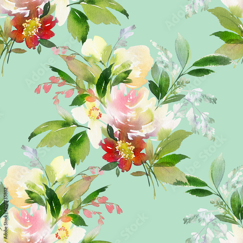 Seamless summer pattern with watercolor flowers handmade.