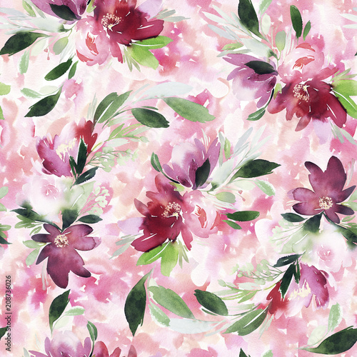 Seamless summer pattern with watercolor flowers handmade.