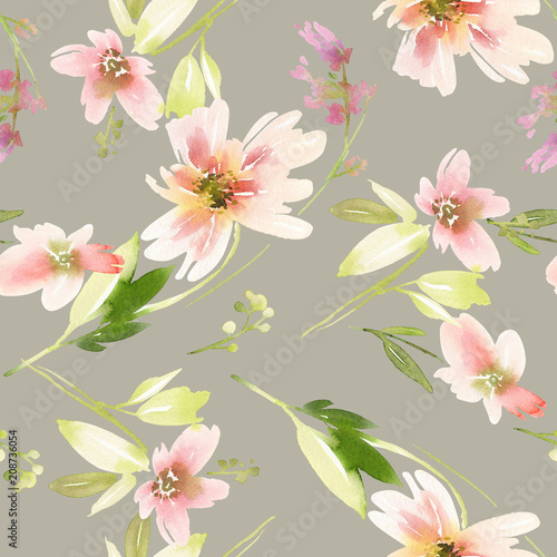 Seamless summer pattern with watercolor flowers handmade.