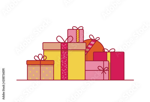 Stack of festive gift boxes wrapped in paper and decorated with ribbons and bows