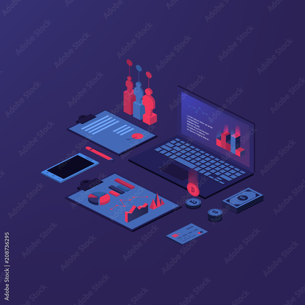 Isometric accounting composition with isolated images of accountant workspace elements money coins and financial stock graphs vector illustration Isometric accounting composition with isolated images of accountant workspace elements money coins and financial stock graphs vector illustration