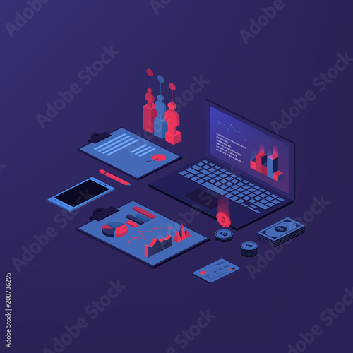 Isometric accounting composition with isolated images of accountant workspace elements money coins and financial stock graphs vector illustration