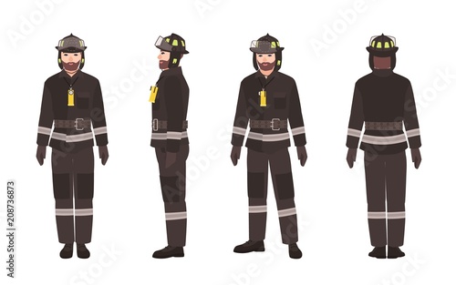 Firefighter or fireman wearing protective clothes or uniform and helmet isolated on white background. Male cartoon character. Front, back and side views. Colorful vector illustration in flat style.