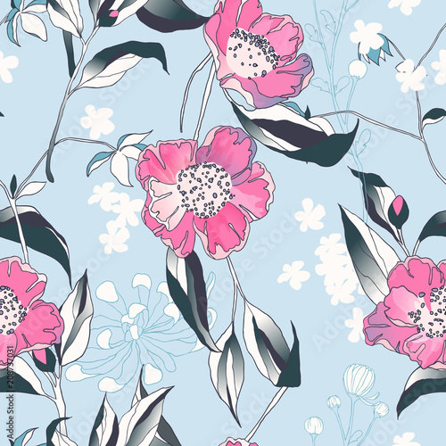 Fototapeta Naklejka Na Ścianę i Meble -  Seamless pattern, hand drawn pink camellia flowers with leaves on blue background