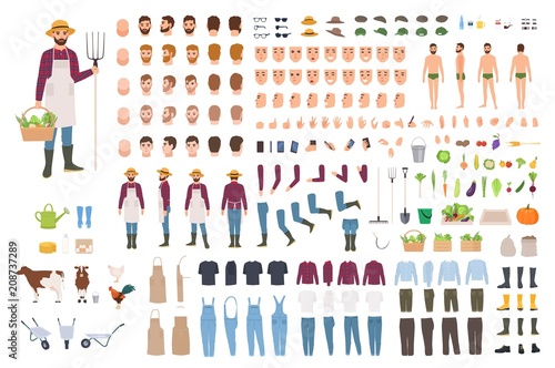 Farmer, farm or agricultural worker constructor or DIY kit. Set of male character body parts, facial expressions, clothes, working tools isolated on white background. Cartoon vector illustration.