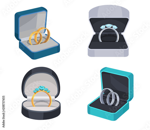 Rings with Diamonds in Opened Box Vector Icons Set