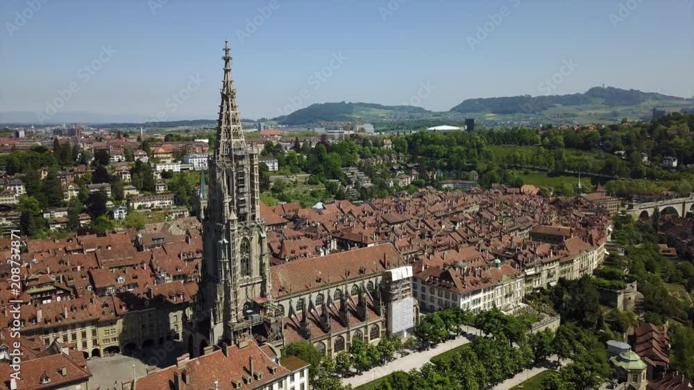 sunny day bern cityscape main cathedral tower aerial panorama 4k switzerland
