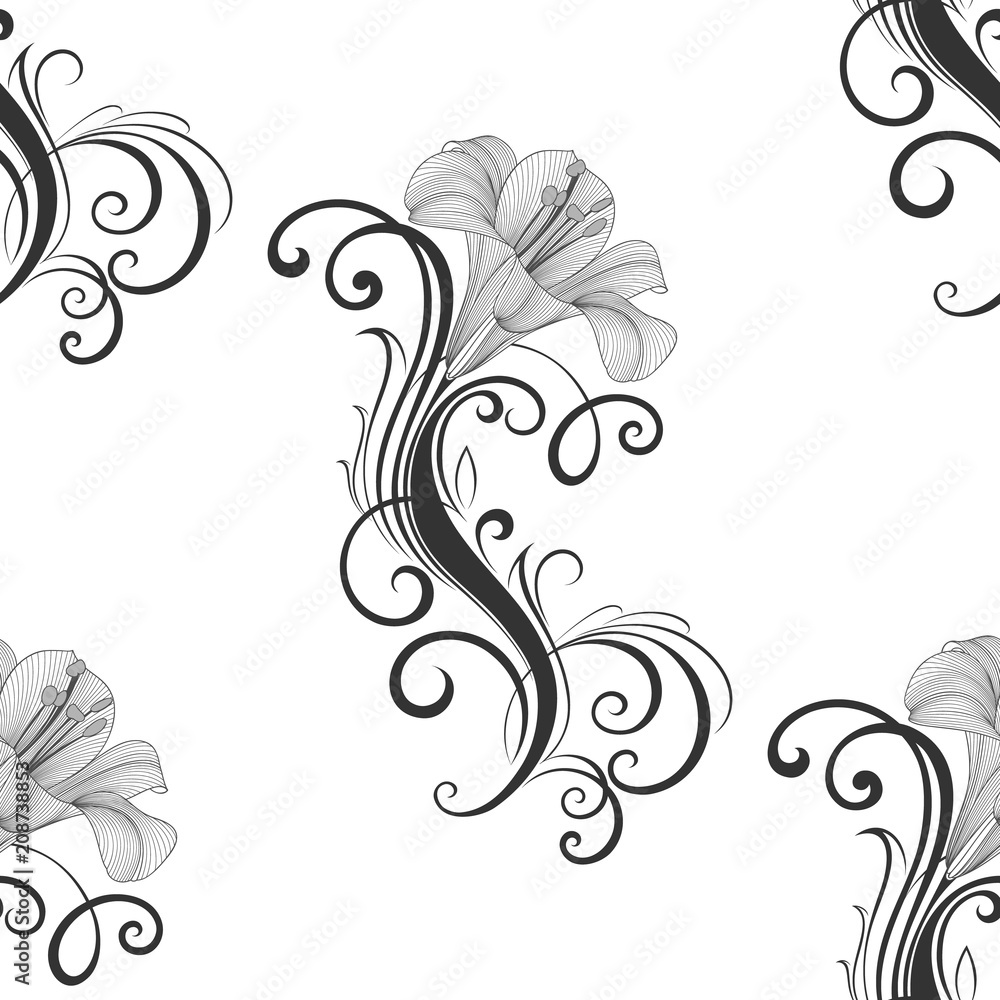 Seamless floral pattern with flowers lily. Element for design. Hand-drawing vector illustration. Seamless floral pattern with flowers lily. Element for design. Hand-drawing vector illustration.