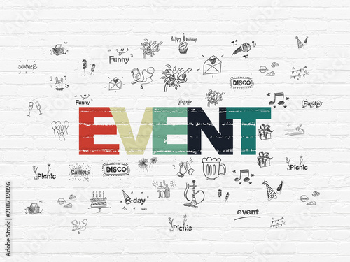 Entertainment  concept  Painted multicolor text Event on White Brick wall background with  Hand Drawn Holiday Icons