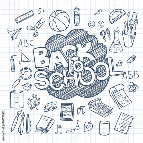 Back to School Supplies collection. Sketchy notebook doodles set with lettering