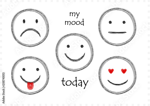 sketch set of five smilies with differetn emotions for every day isolated on white, horizontal vector illustration