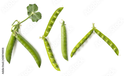 Set of green peas. Green peas isolated on a white background. Fresh green peas on a white background. Studio photo. Isolated macro food photo close up from above on white background.