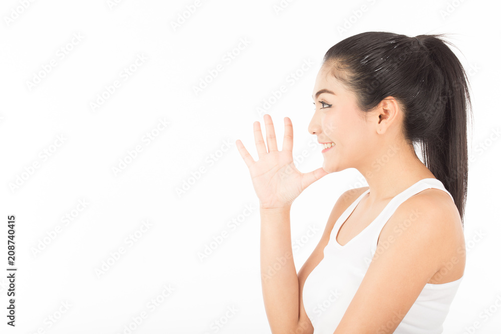 Beautiful Attractive Asian young woman smile and open hand to speak feeling happiness and confident with copy space Mock up for display product,Isolated on white background