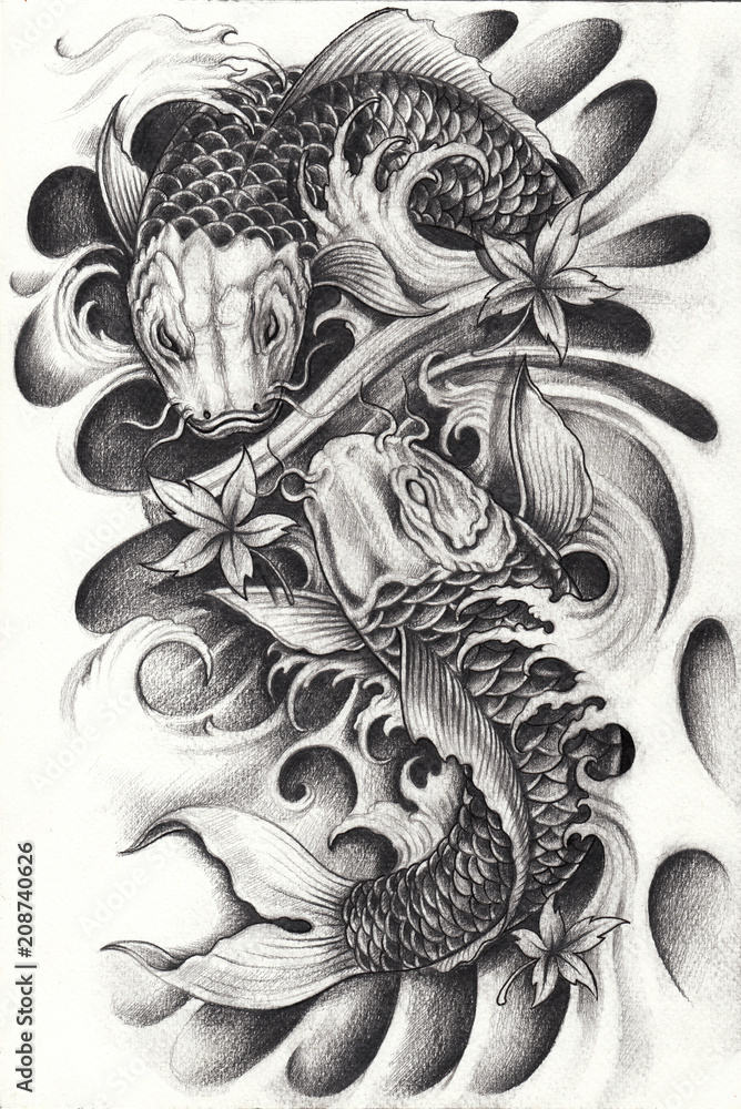 hand drawn koi fish with flower tattoo for  Stock Illustration  63125910  PIXTA