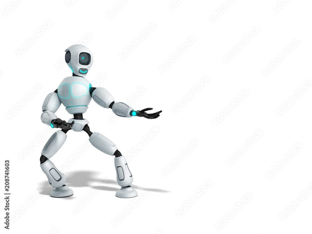 modern concept of product presentation robot points to a thing standing nearby 3d render on white modern concept of product presentation robot points to a thing standing nearby 3d render on white