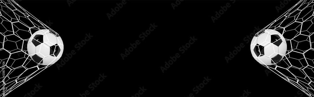 Fototapeta premium Soccer or Football Banner With 3d Ball on black background. Soccer game match goal moment with ball in the net