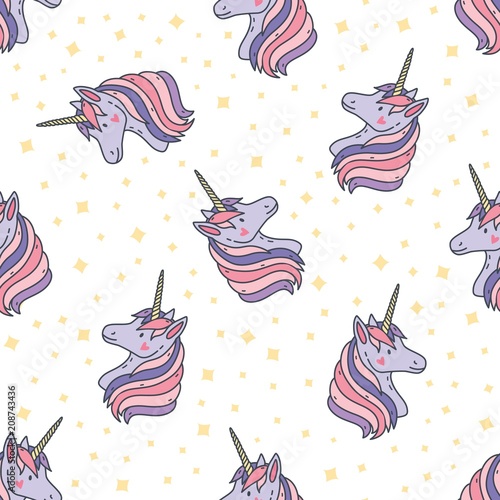 Colorful seamless pattern with unicorn heads. Backdrop with magical creatures...