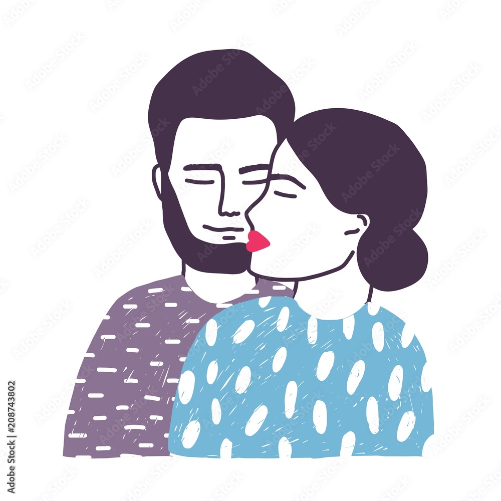 Cuddling male and female cartoon characters isolated on white background.  Portrait of young hugging married romantic couple. Girl and boy in love.  Hand drawn colored vector illustration in flat style. Stock Vector |