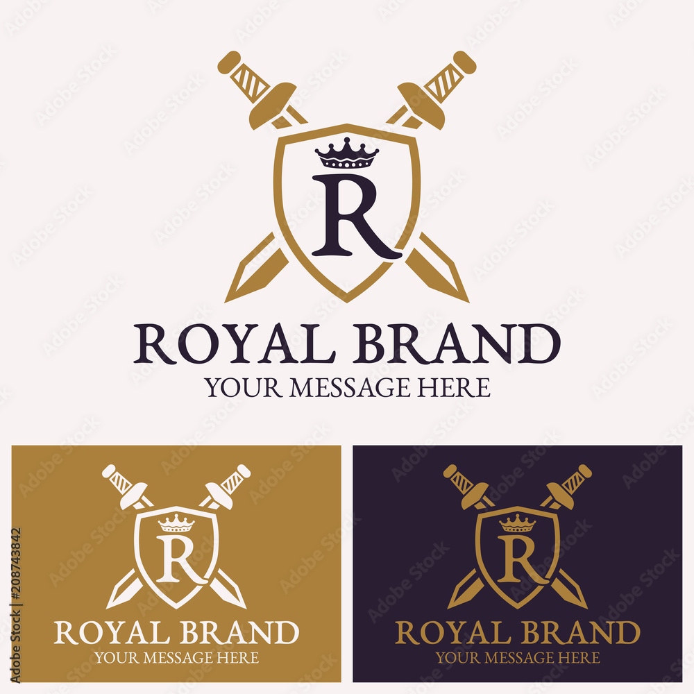 Letter R with crown, shield, two crossed swords Stock Vector | Adobe Stock