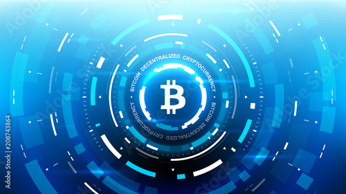 Bitcoin cryprocurrency futuristic vector illustration for background, HUD, graphical user interface, banner, business and finance infographics and more. Worldwide digital money blockchain system