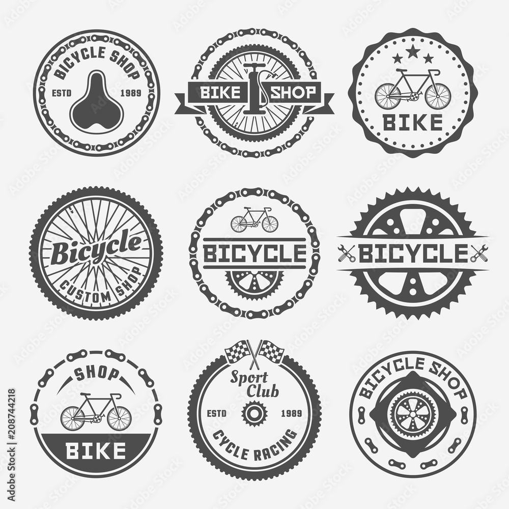 Obraz premium Bicycle shop vector round labels, badges, emblems