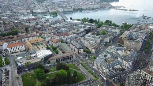 evening time geneva cityscape lakeside bay aerial panorama 4k switzerland
