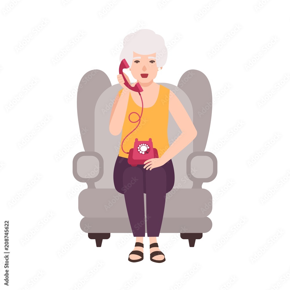 Old lady, elderly woman or granny sitting in cozy armchair and talking on phone. Portrait of grandmother at home. Smiling female cartoon character isolated on white background. Vector illustration.